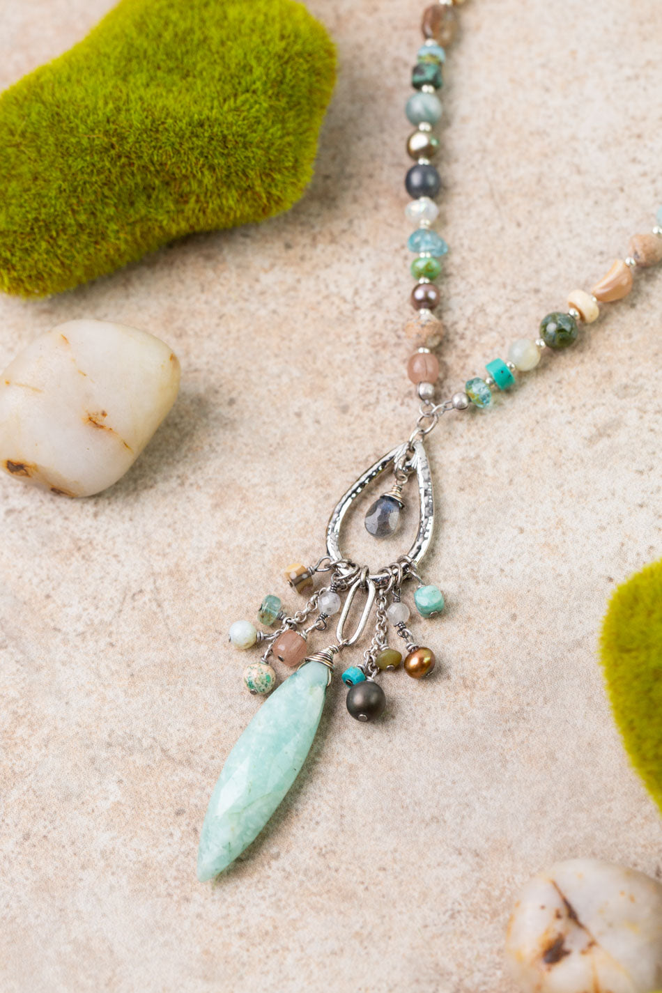 Earthy Girl 21.5-23.5" Freshwater Pearls, Amazonite, Turquoise Statement Necklaces