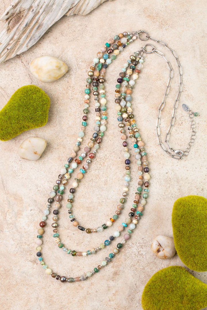 Earthy Girl 21-23" Freshwater Pearls, Turquoise, Czech Glass Collage Necklaces