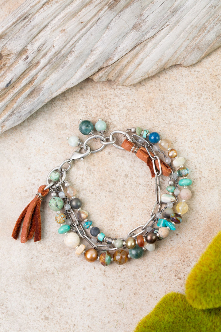 Earthy Girl 7.5-8.5" Freshwater Pearl, Turquoise, Czech Glass Multistrand Bracelets