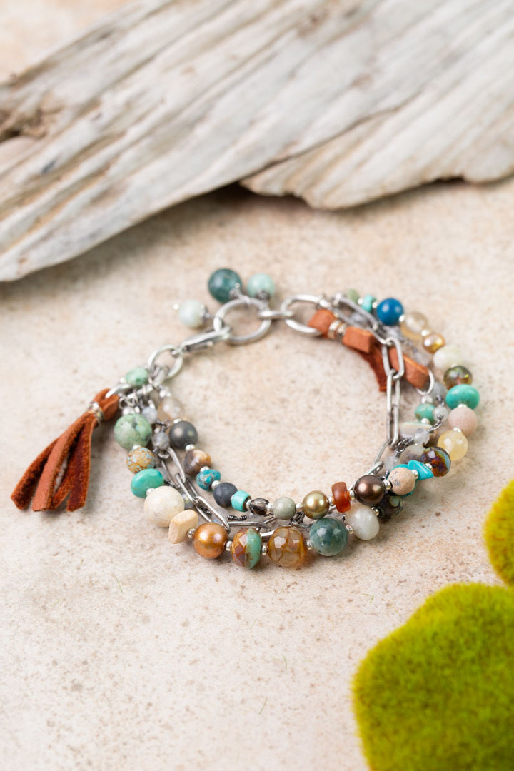 Earthy Girl 7.5-8.5" Freshwater Pearl, Turquoise, Czech Glass Multistrand Bracelets