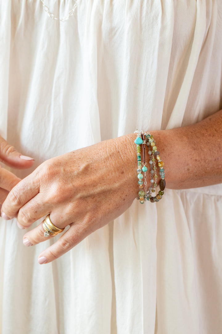 Earthy Girl 7.5-8.5" Labradorite, Turquoise, Roman Glass Multistrand Bracelet