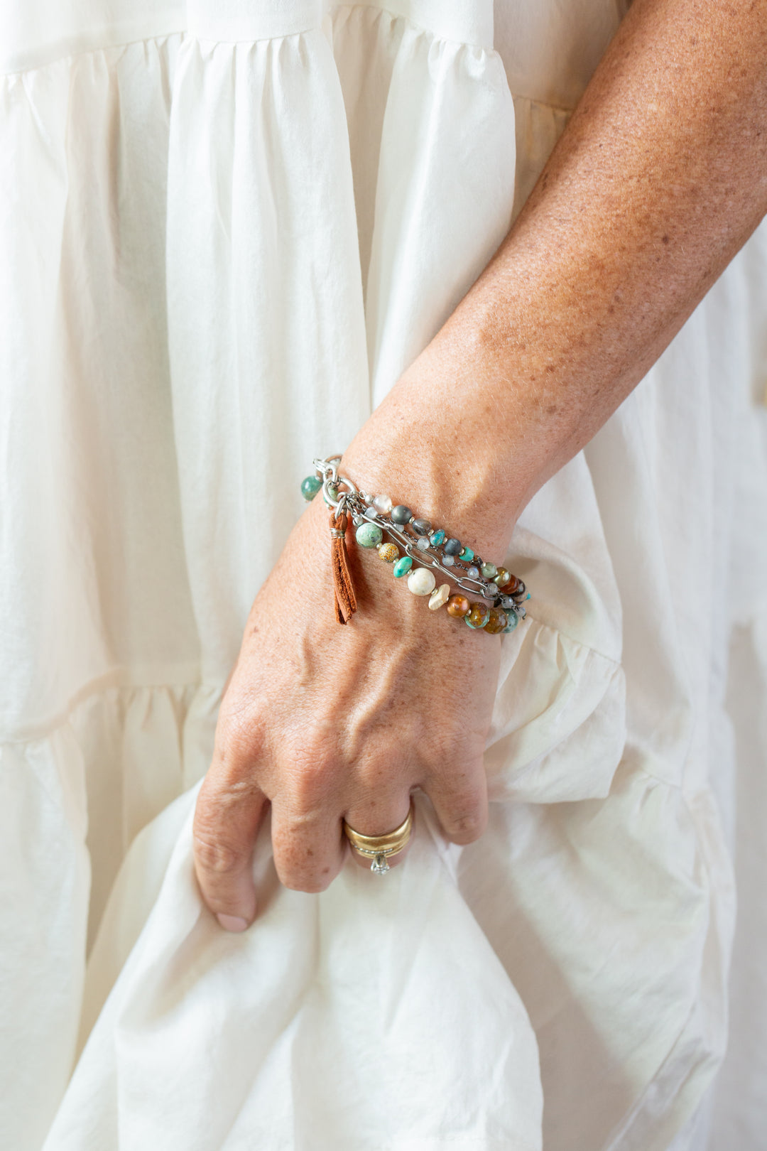 Earthy Girl 7.5-8.5" Freshwater Pearl, Turquoise, Czech Glass Multistrand Bracelets
