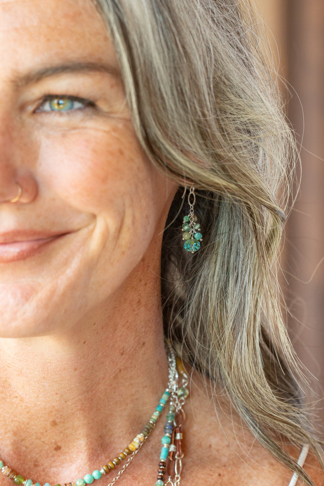 Earthy Girl Turquoise, Czech Glass, Abalone Dangle Earrings