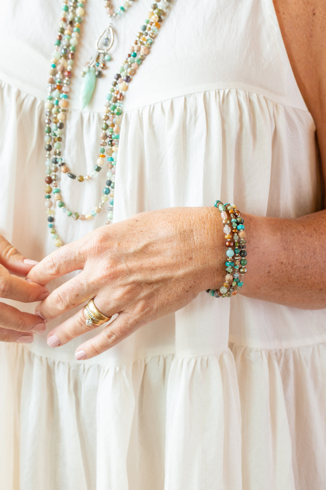 Earthy Girl 7.5-8.5" Freshwater Pearl, Turquoise, Czech Glass Multistrand Bracelets