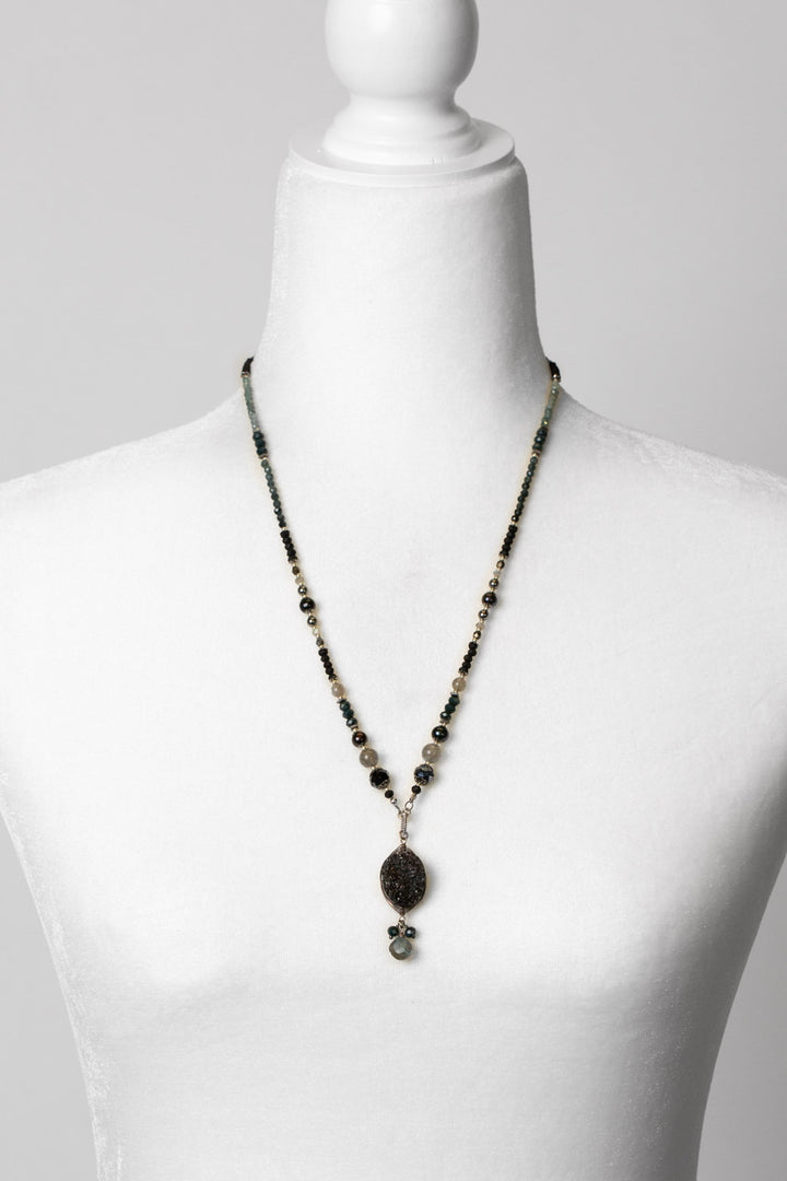 Eclipse 24-26" Black Druzy Quartz With Crystal And Grandiderite Dangles Statement Necklace