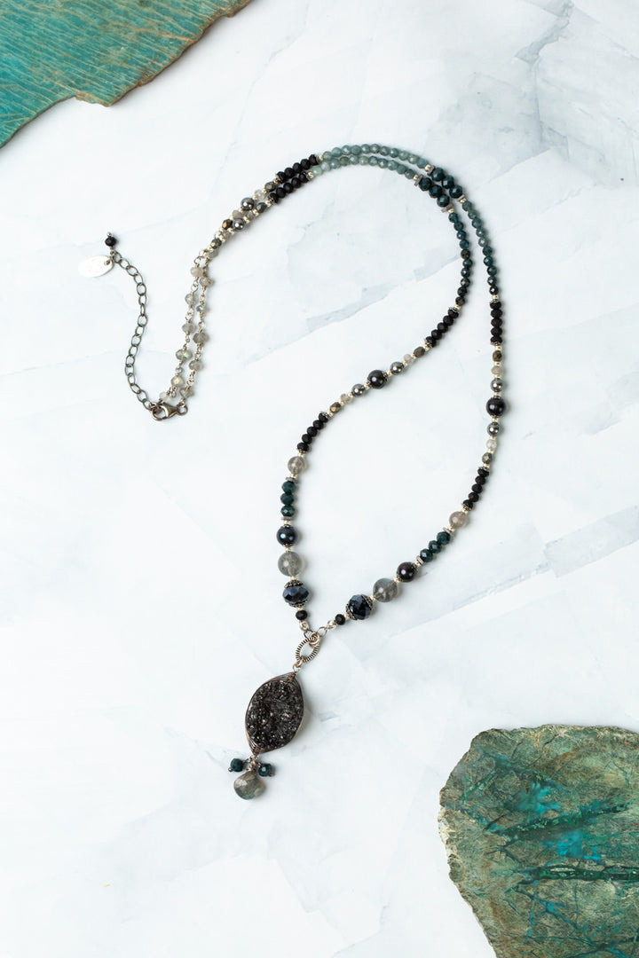 Eclipse 24-26" Black Druzy Quartz With Crystal And Grandiderite Dangles Statement Necklace