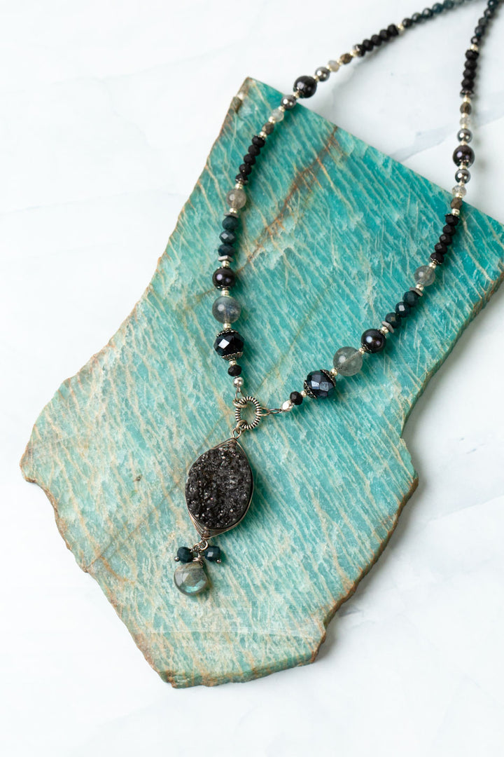 Eclipse 24-26" Black Druzy Quartz With Crystal And Grandiderite Dangles Statement Necklace