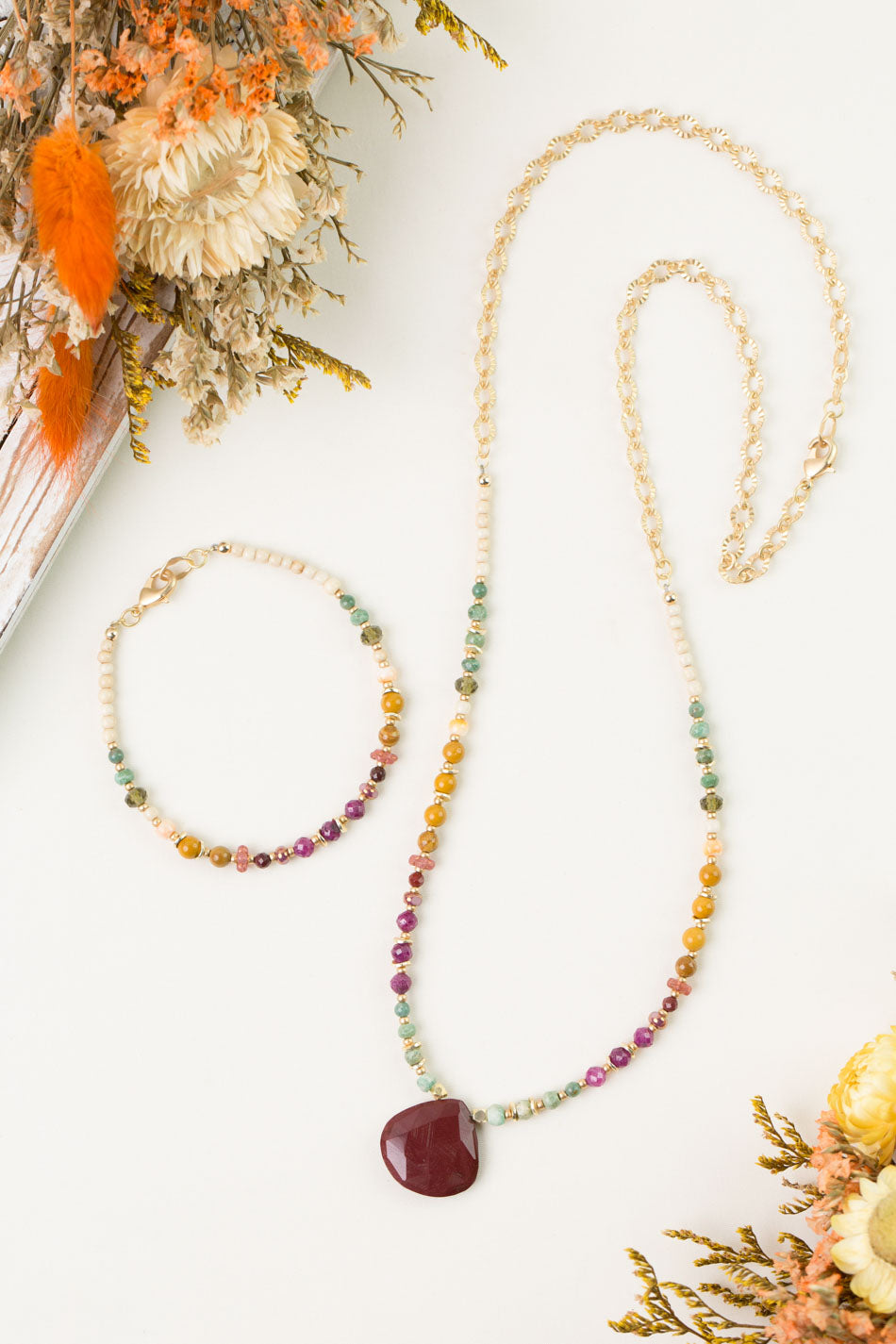Ember 25-32.5" Ruby, Mookaite, Czech Glass Statement Necklace