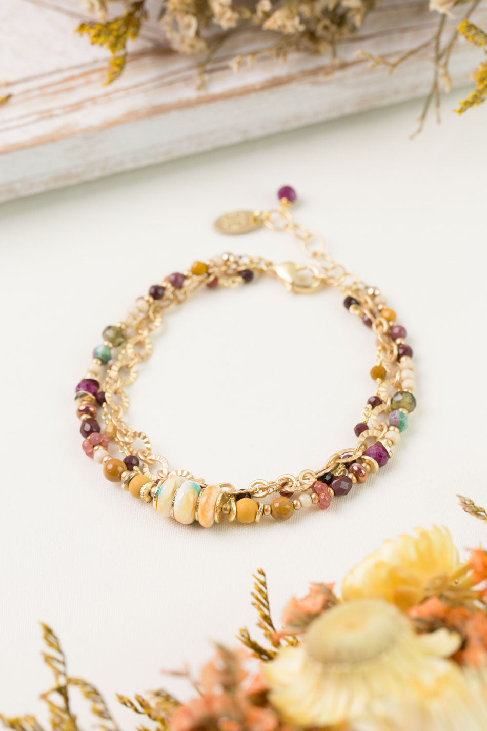 Ember 8.5" Ruby, Mookaite, Spiny Oyster Multistrand Bracelet