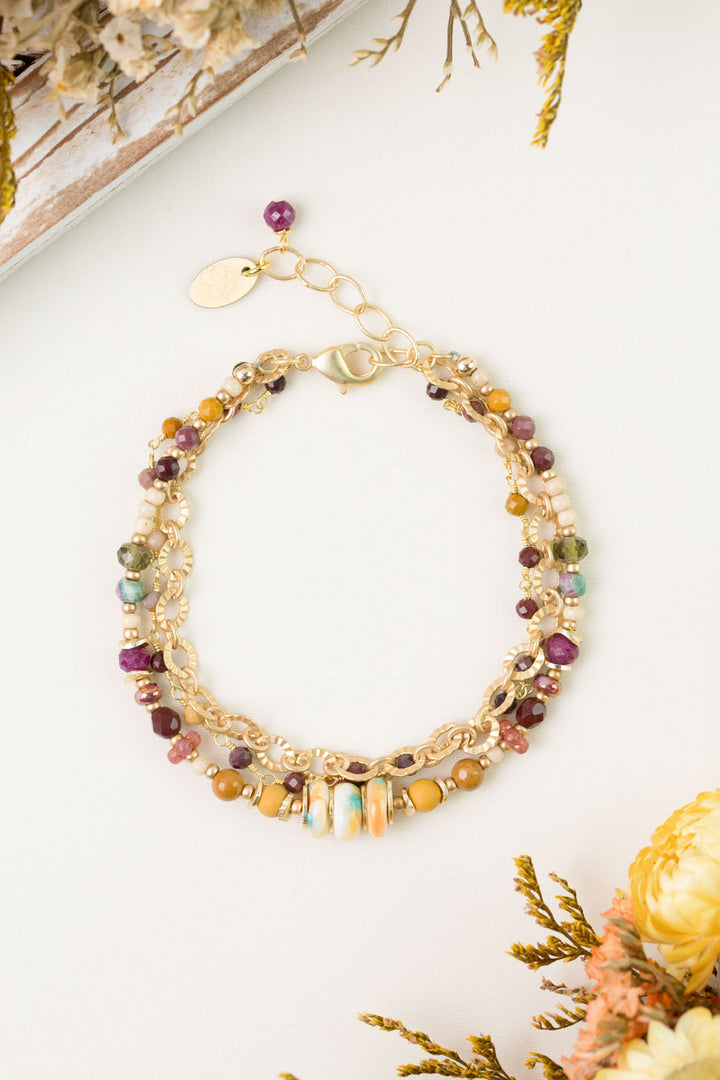 Ember 8.5" Ruby, Mookaite, Spiny Oyster Multistrand Bracelet