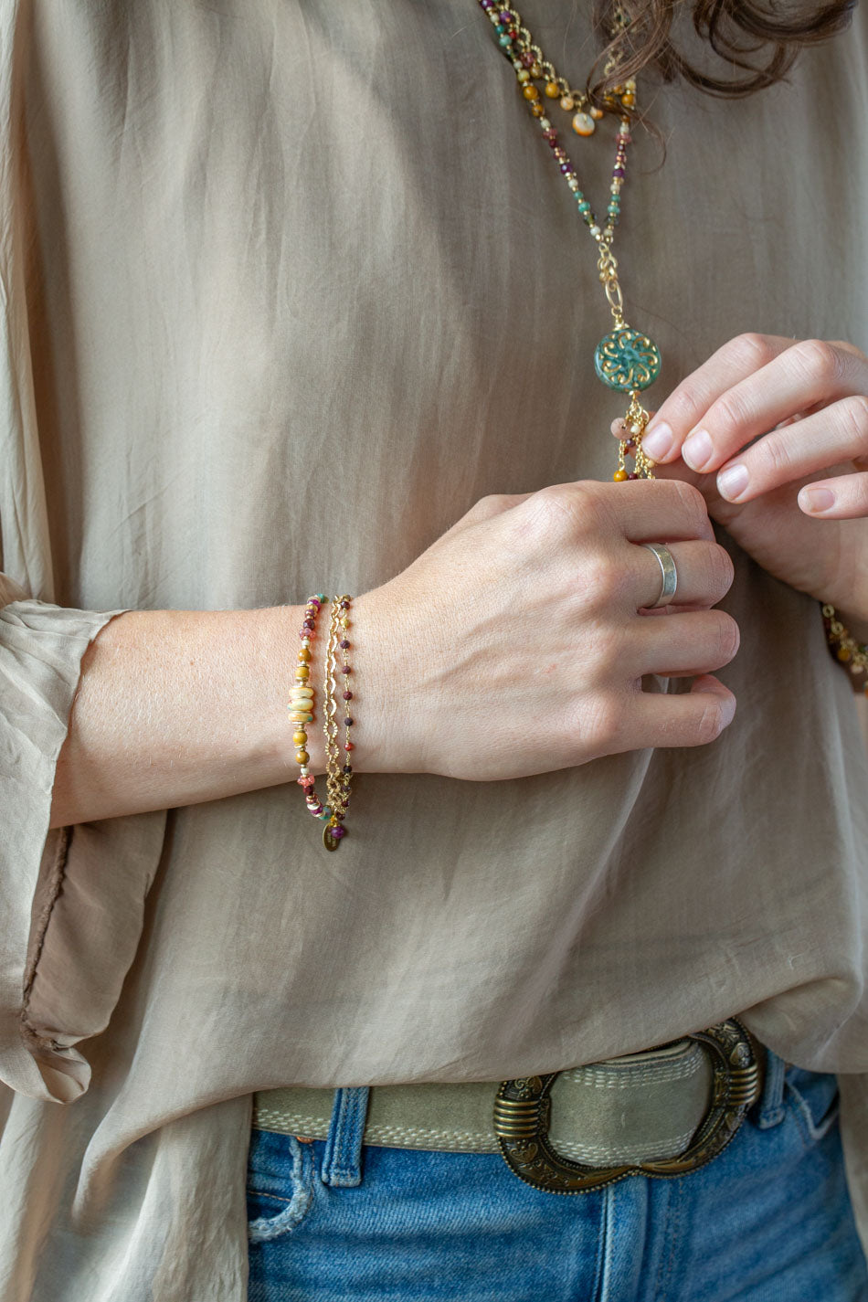 Ember 8.5" Ruby, Mookaite, Spiny Oyster Multistrand Bracelet