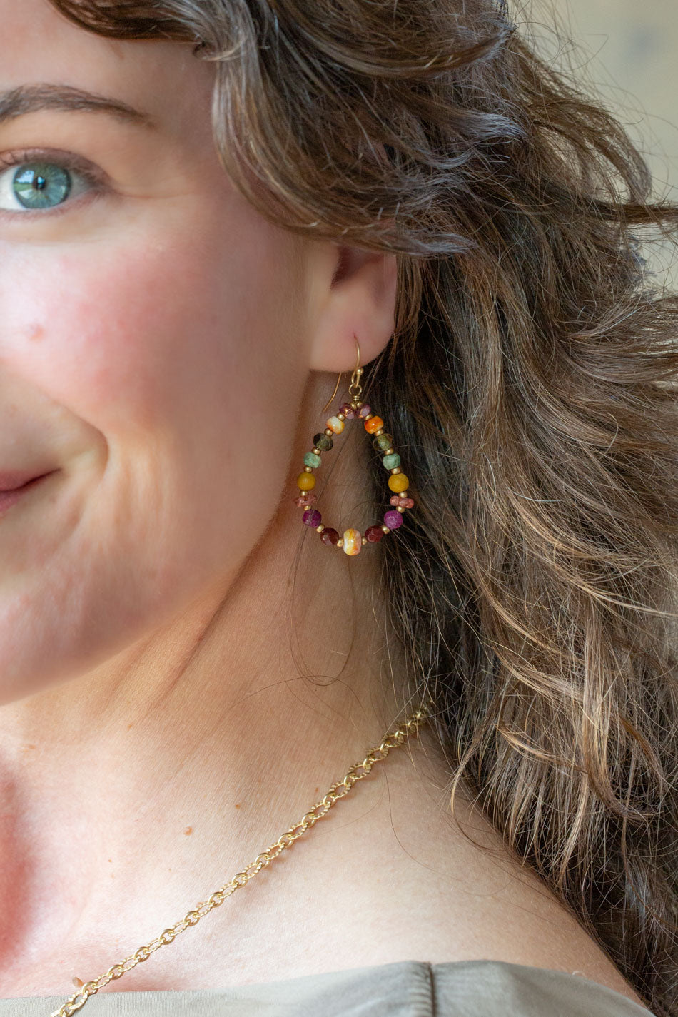 Ember Ruby, Mookaite, Czech Glass Hoop Earrings