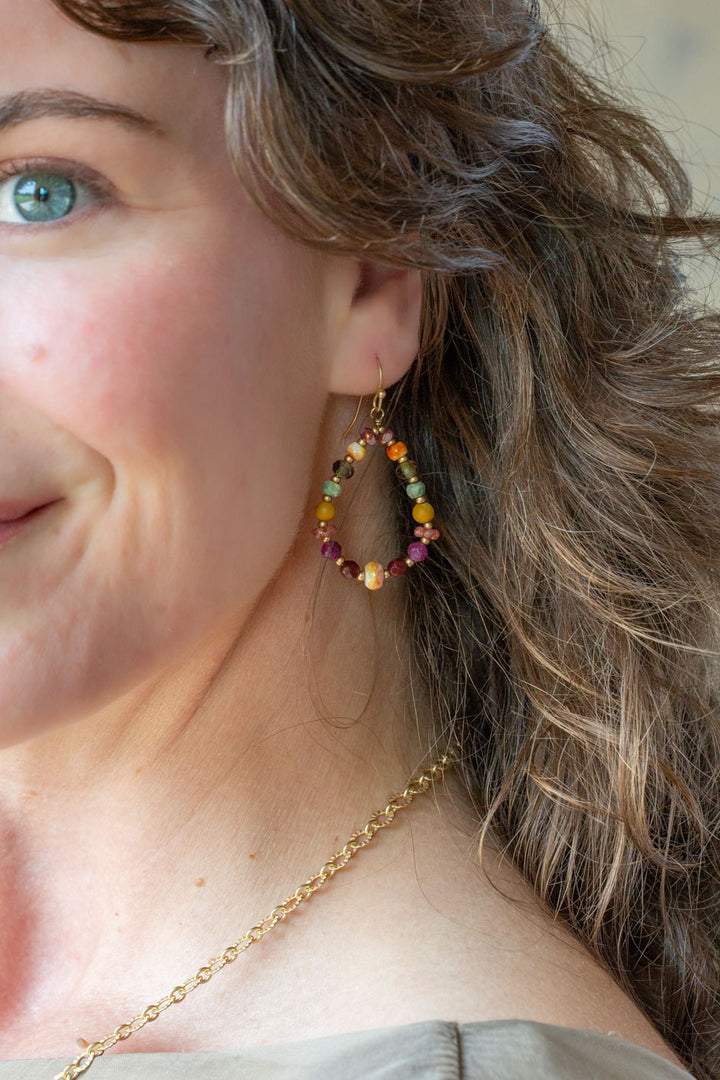 Ember Ruby, Mookaite, Czech Glass Hoop Earrings
