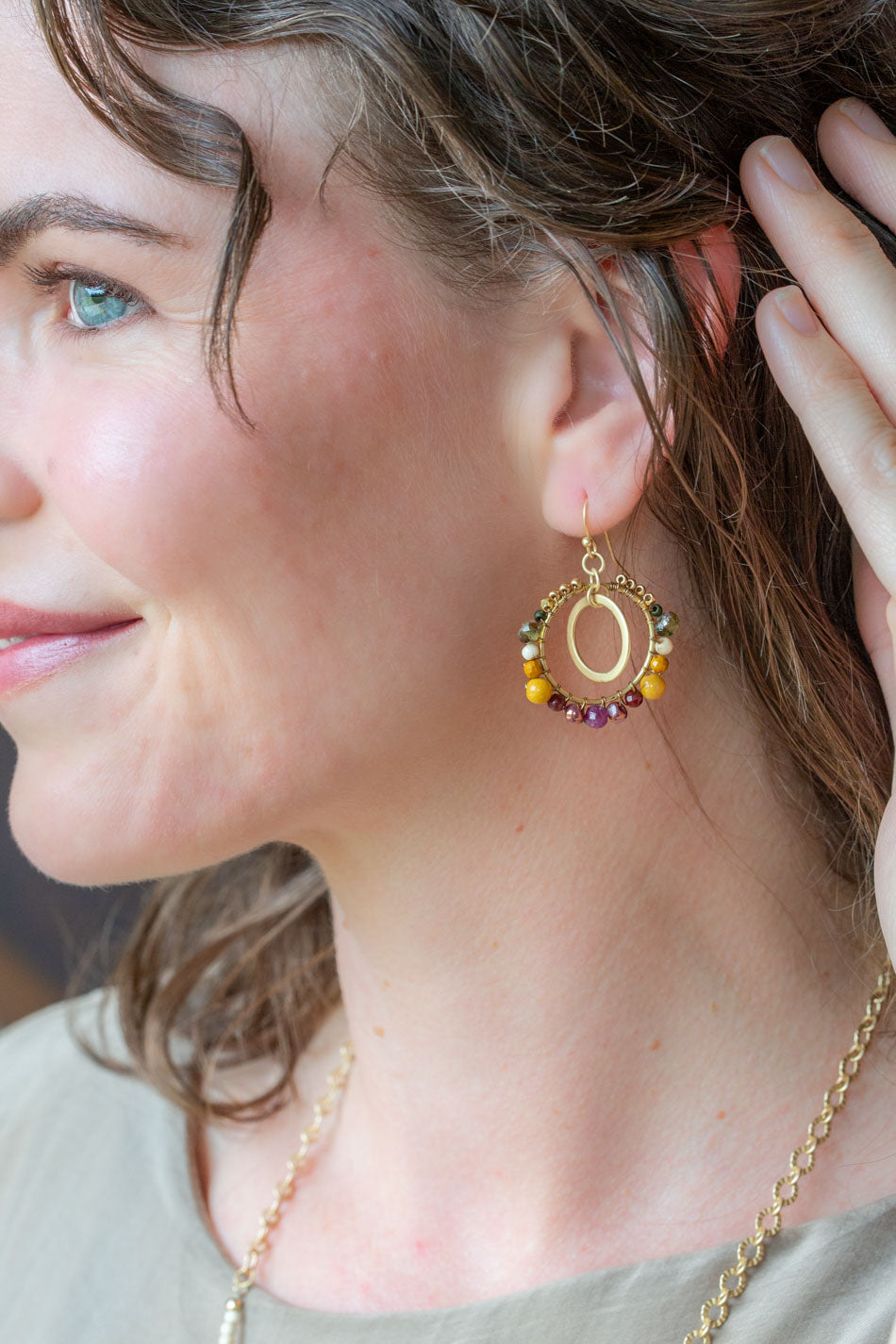 Ember Ruby, Mookaite, Czech Glass Hoop Earrings