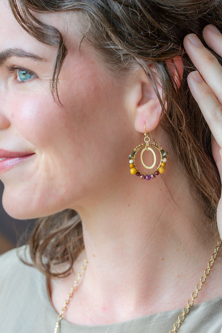 Ember Ruby, Mookaite, Czech Glass Hoop Earrings