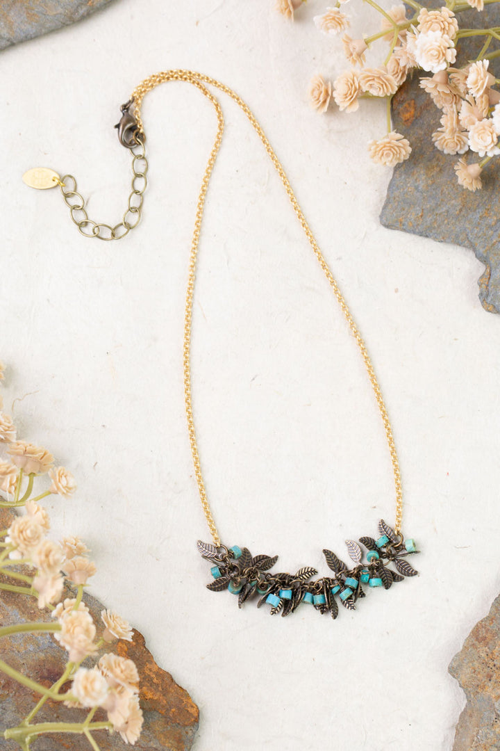 Enlighten 16-18" Antique Brass Leaves, Turquoise Chips Simple Necklace