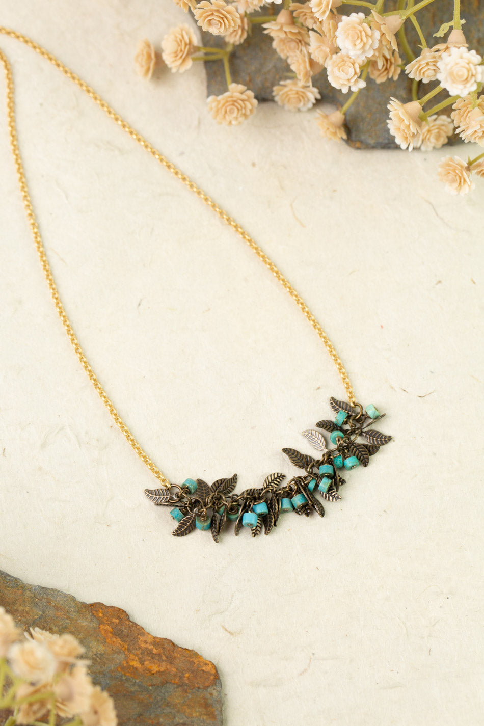 Enlighten 16-18" Antique Brass Leaves, Turquoise Chips Simple Necklace