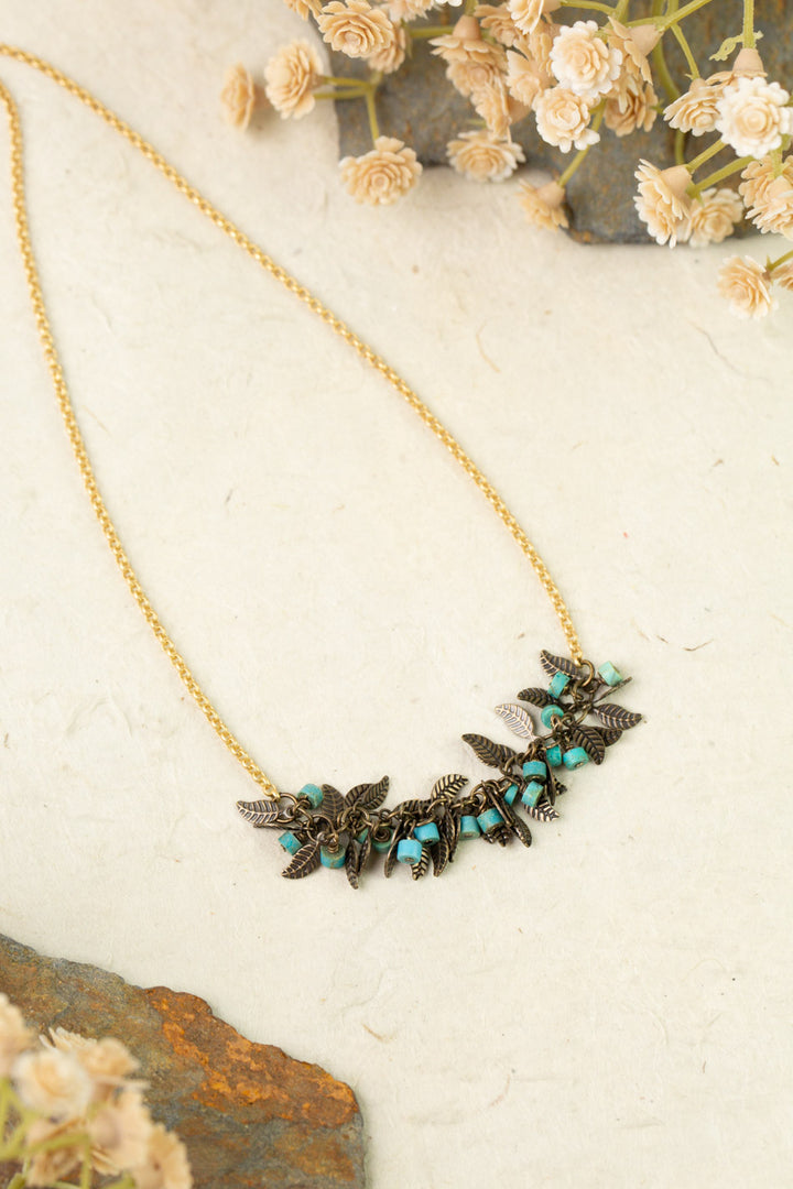 Enlighten 16-18" Antique Brass Leaves, Turquoise Chips Simple Necklace