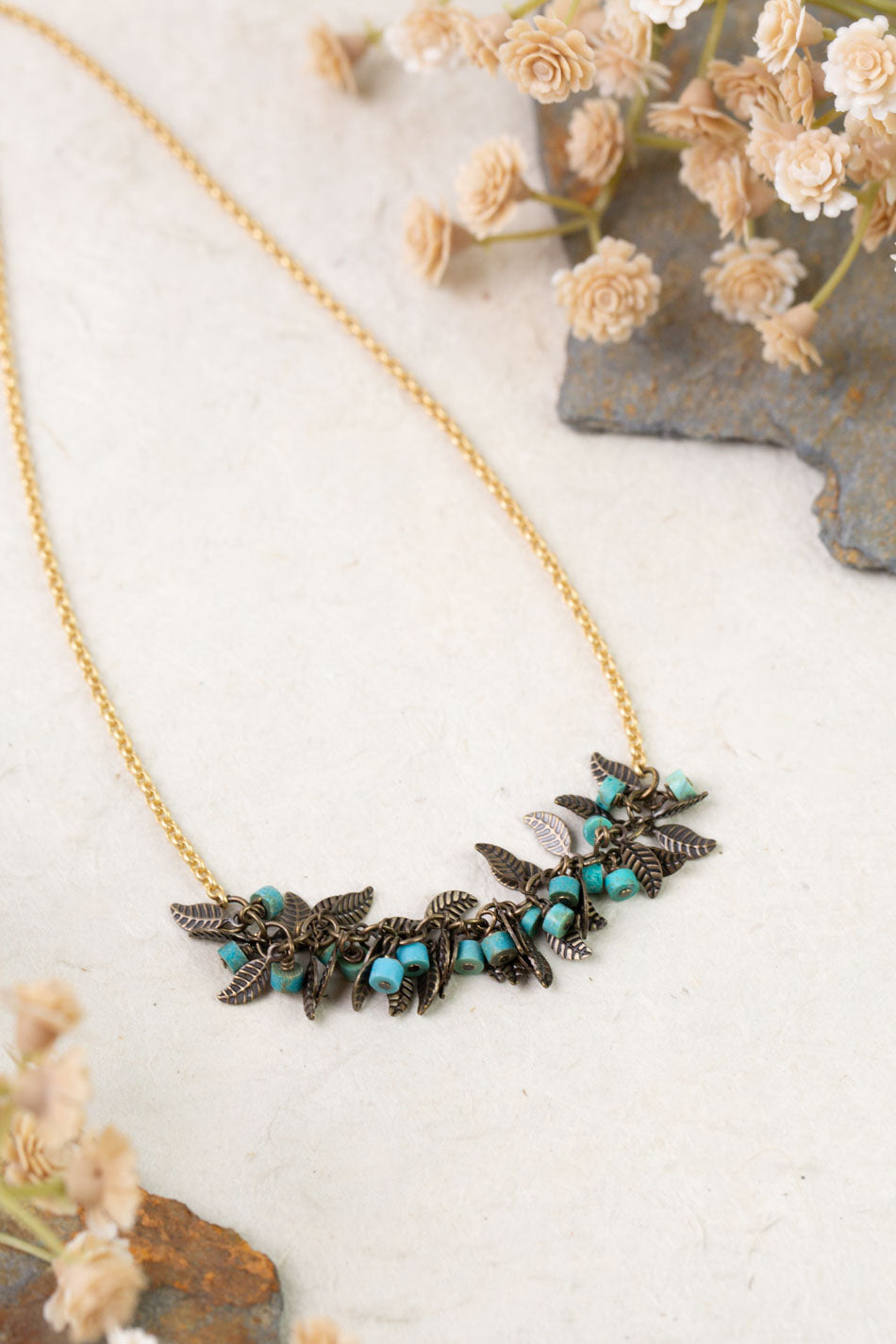 Enlighten 16-18" Antique Brass Leaves, Turquoise Chips Simple Necklace