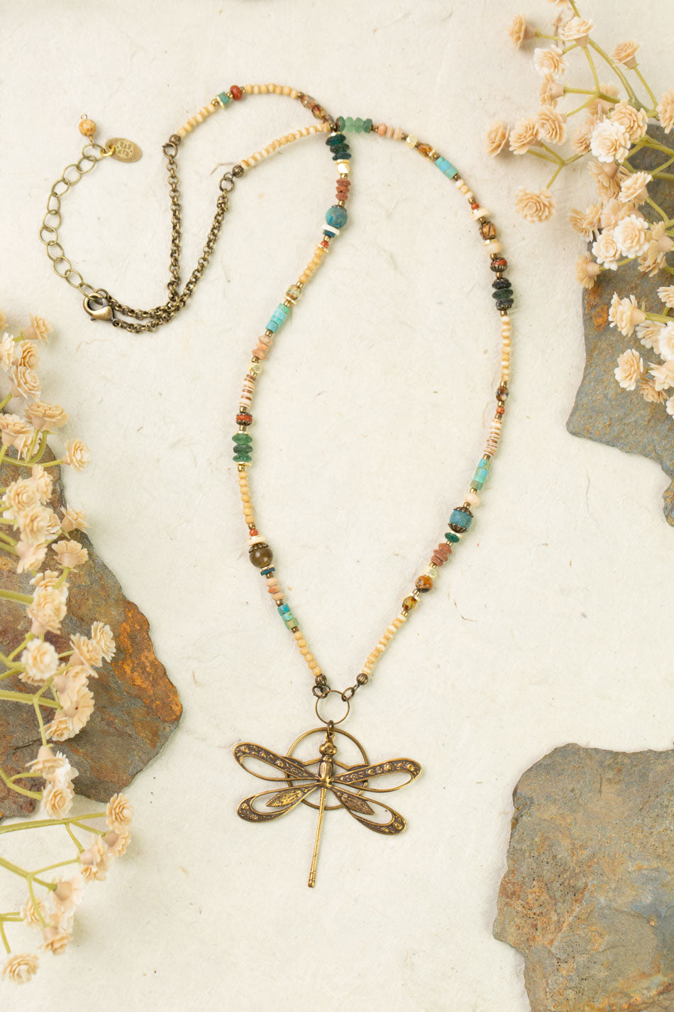 Enlighten 23.5-25.5" Czech Glass, Turquoise Chips Shell With Antique Brass Dragonfly Statement Necklace