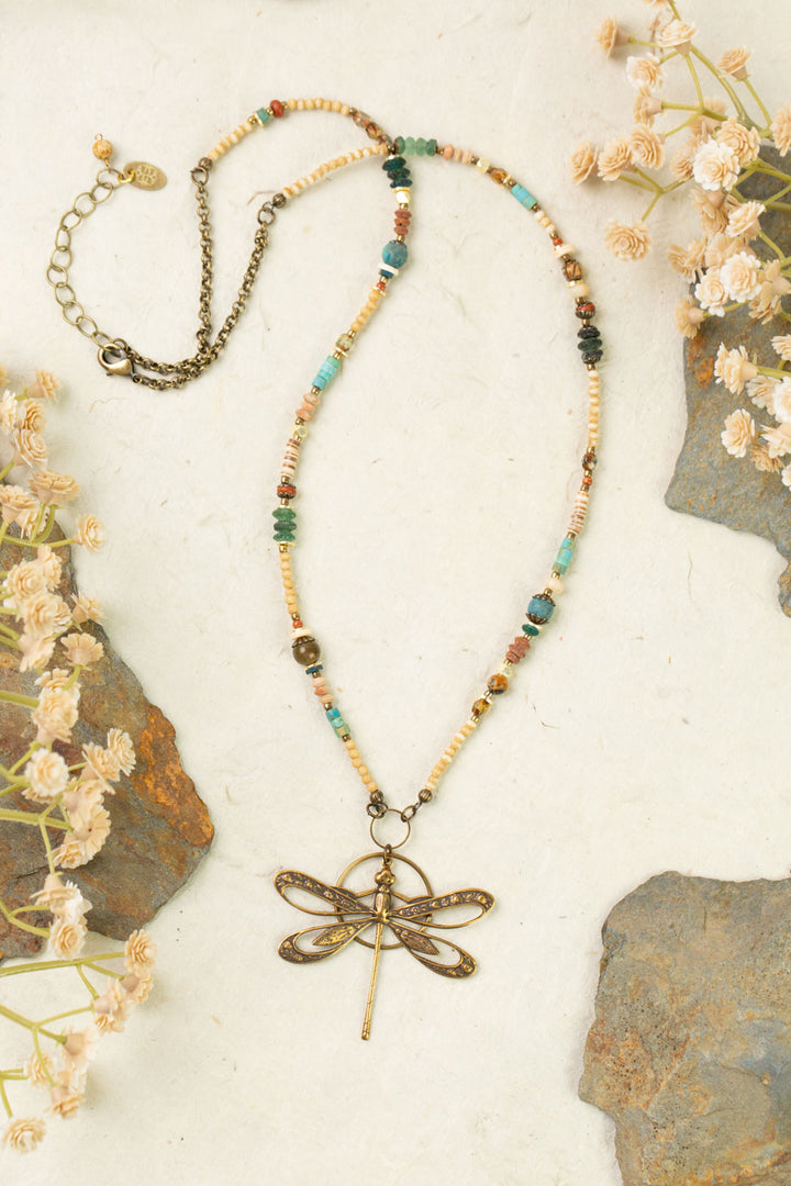 Enlighten 23.5-25.5" Czech Glass, Turquoise Chips Shell With Antique Brass Dragonfly Statement Necklace