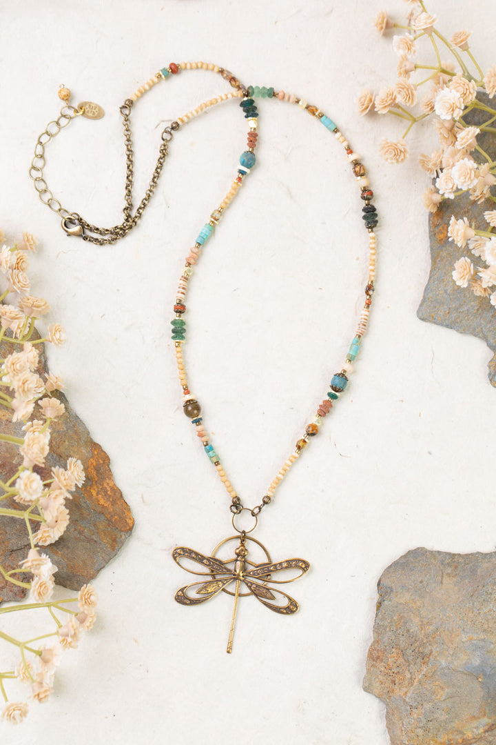 Enlighten 23.5-25.5" Czech Glass, Turquoise Chips Shell With Antique Brass Dragonfly Statement Necklace