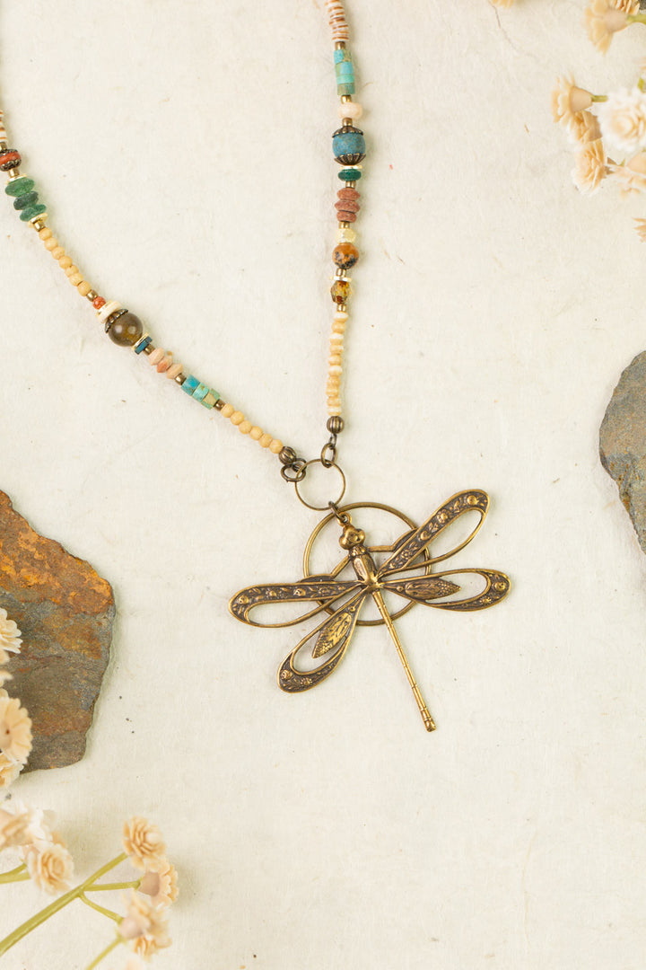 Enlighten 23.5-25.5" Czech Glass, Turquoise Chips Shell With Antique Brass Dragonfly Statement Necklace