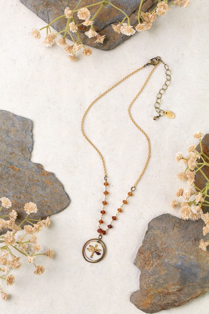 Enlighten 16-18" Czech Glass Dragonfly And Hessonite Garnet Simple Necklace