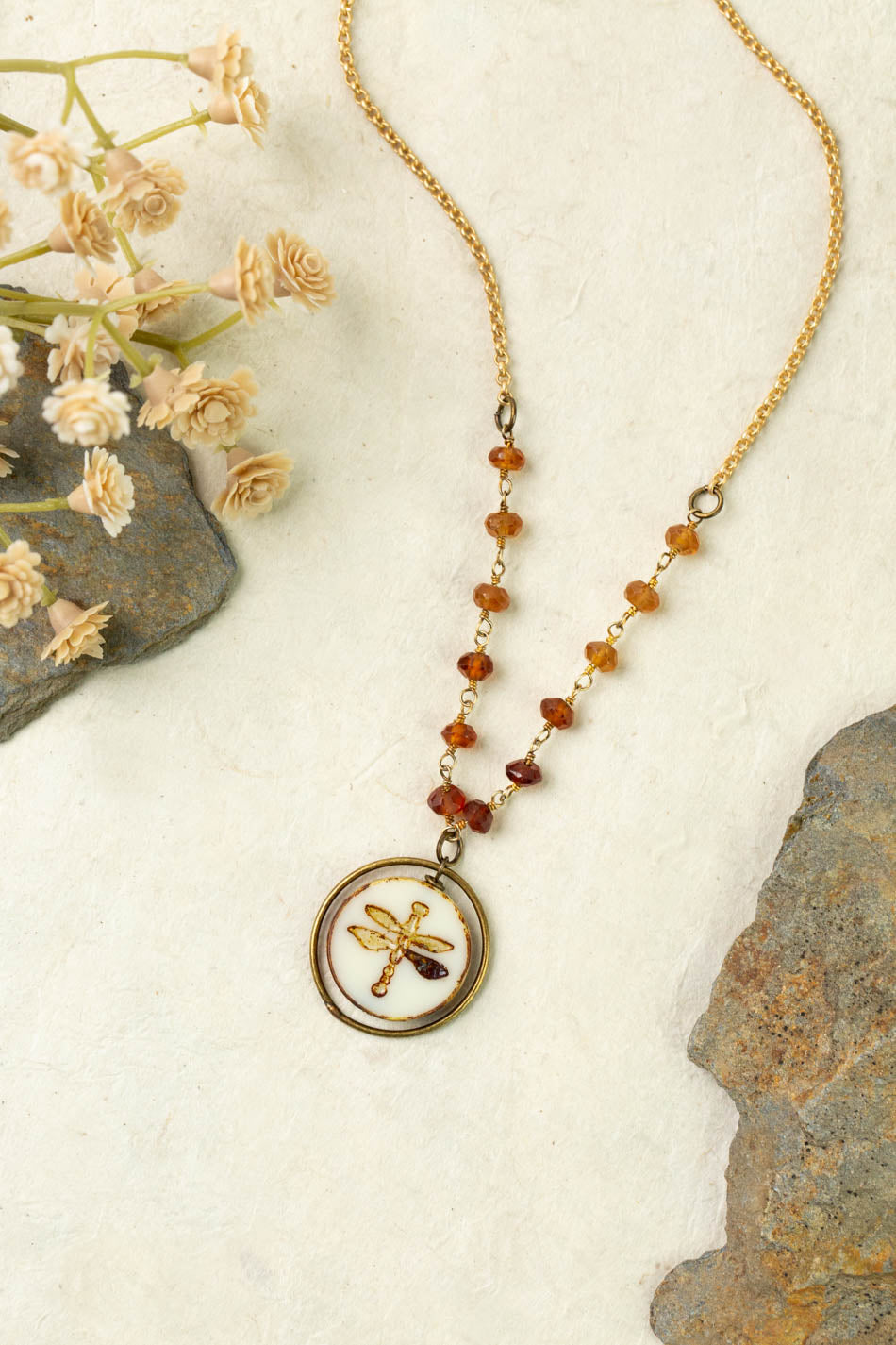 Enlighten 16-18" Czech Glass dragonfly and hessonite garnet Simple Necklace