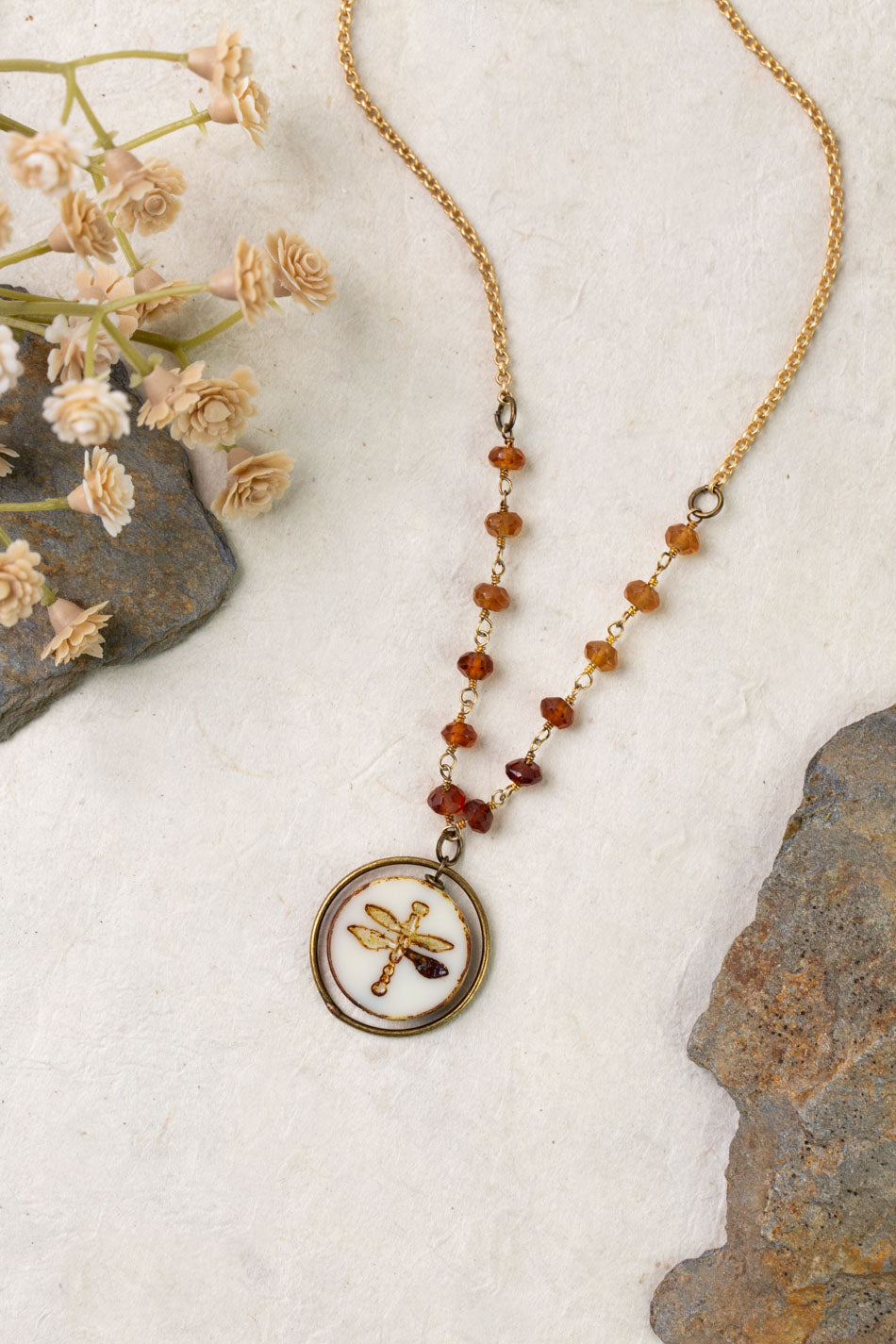 Enlighten 16-18" Czech Glass Dragonfly And Hessonite Garnet Simple Necklace