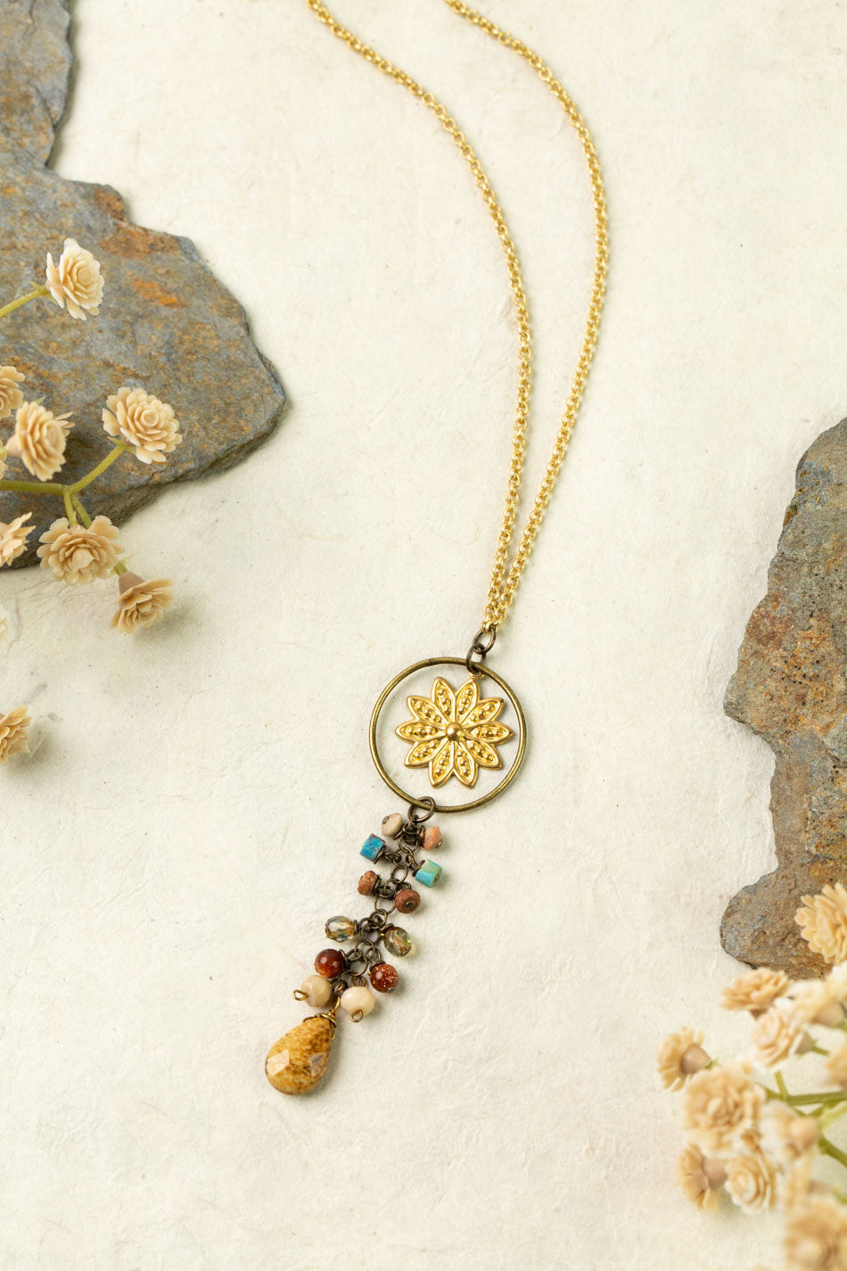 Enlighten 23-25" Czech Glass, brass flower Tassel Necklace