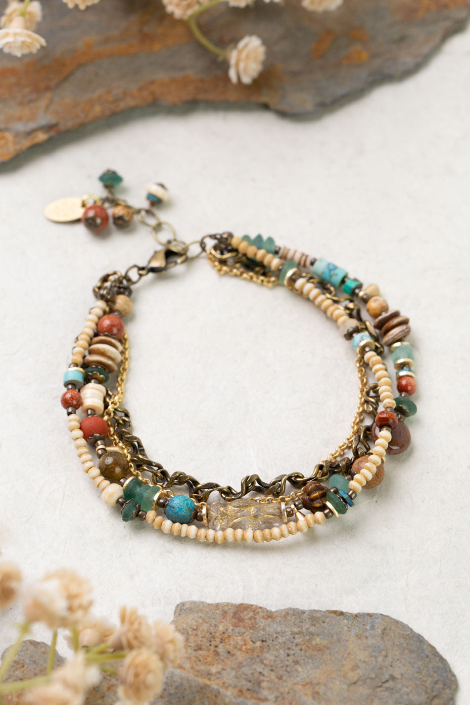 Enlighten 7.75-8.75" Czech Glass, Sea Glass, Shell Multistrand Bracelet