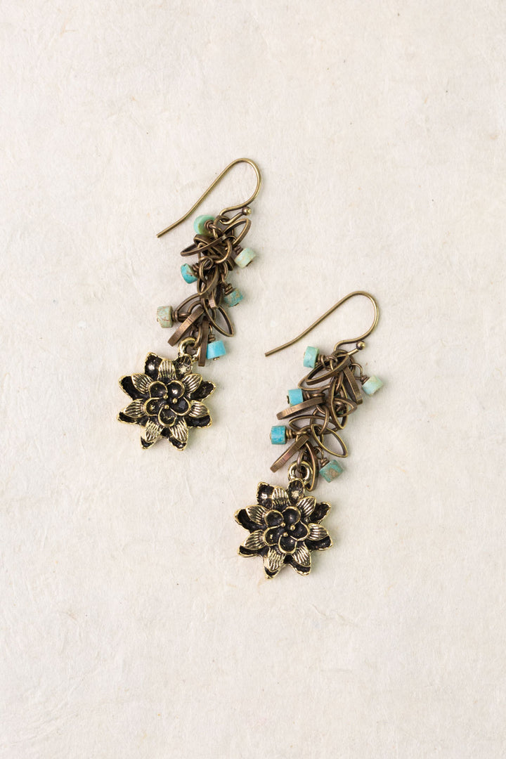 Enlighten Turquoise Chip With Brass Flower Dangle Earrings