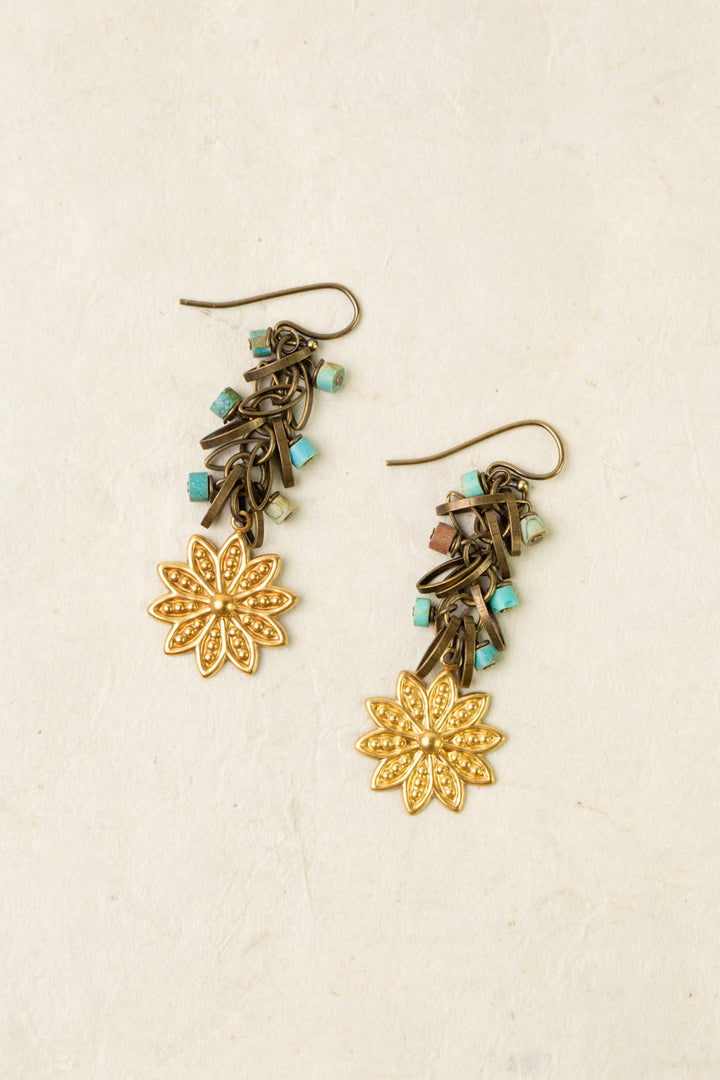 Enlighten Turqoise Chip with Brass Flower Dangle Earrings