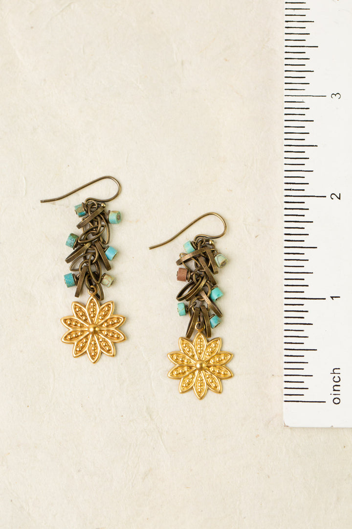 Enlighten Turqoise Chip with Brass Flower Dangle Earrings