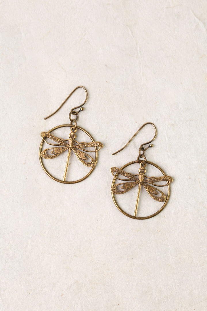 Enlighten Antique Brass Filigree Dragonfly Simple Earrings