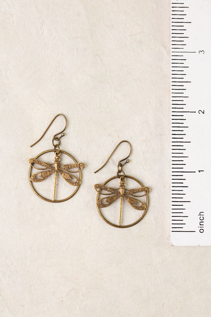 Enlighten Antique Brass Filigree Dragonfly Simple Earrings