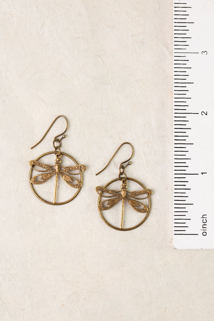 Enlighten Antique Brass Filigree Dragonfly Simple Earrings