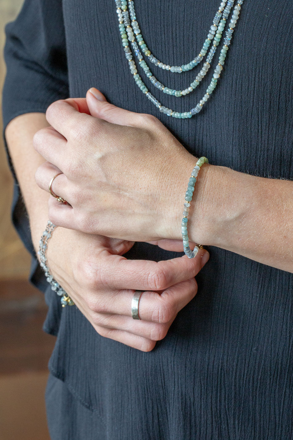 Equinox 7.5-8.5" Aquamarine, Moonstone, Labradorite Collage Bracelet