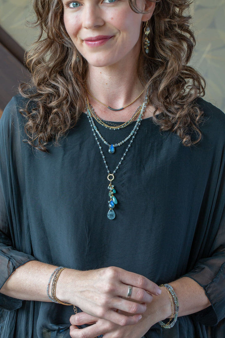 Equinox 21-23" Aquamarine, Labradorite, Grandidierite with Blue Tourmaline Tassel Necklace