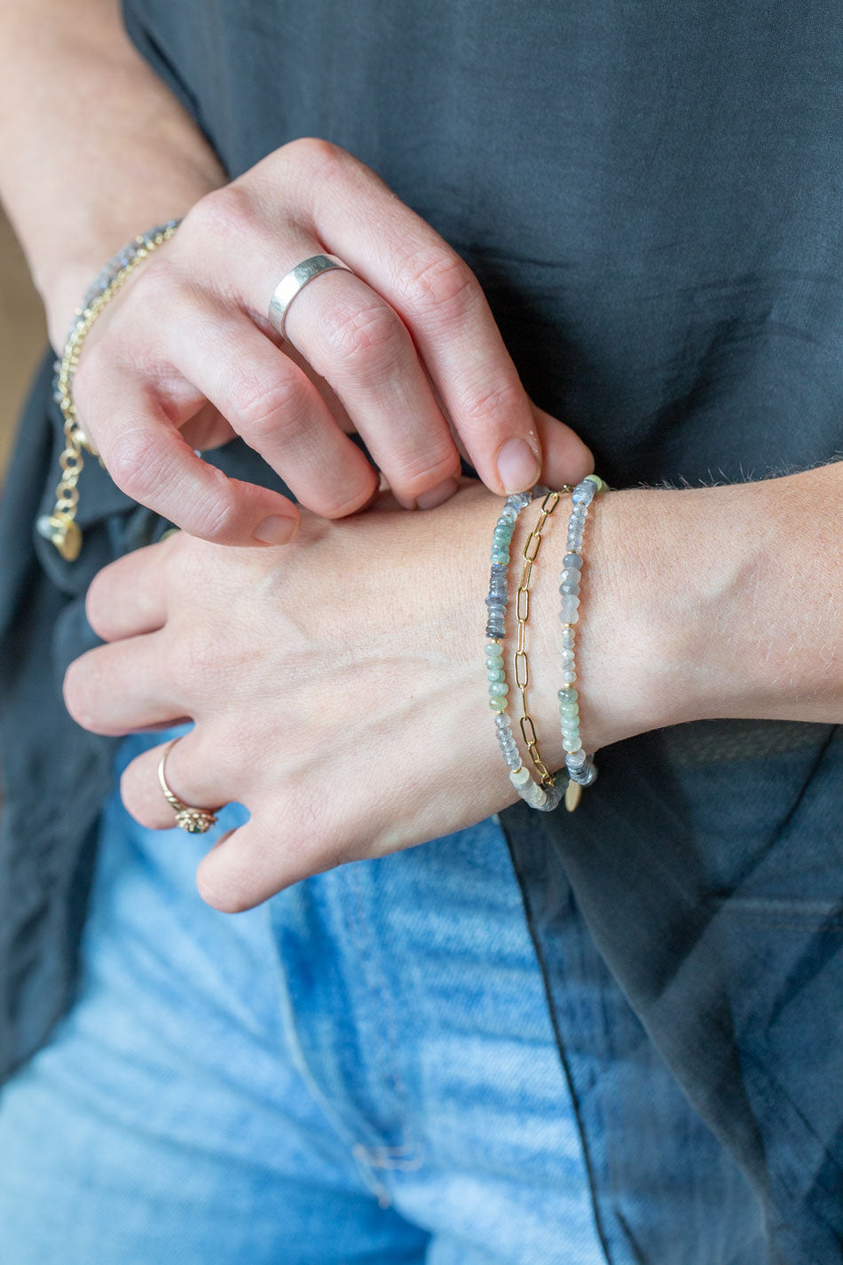 Equinox 7.5-8.5" Aquamarine, Labradorite, Moonstone Multistrand Bracelet