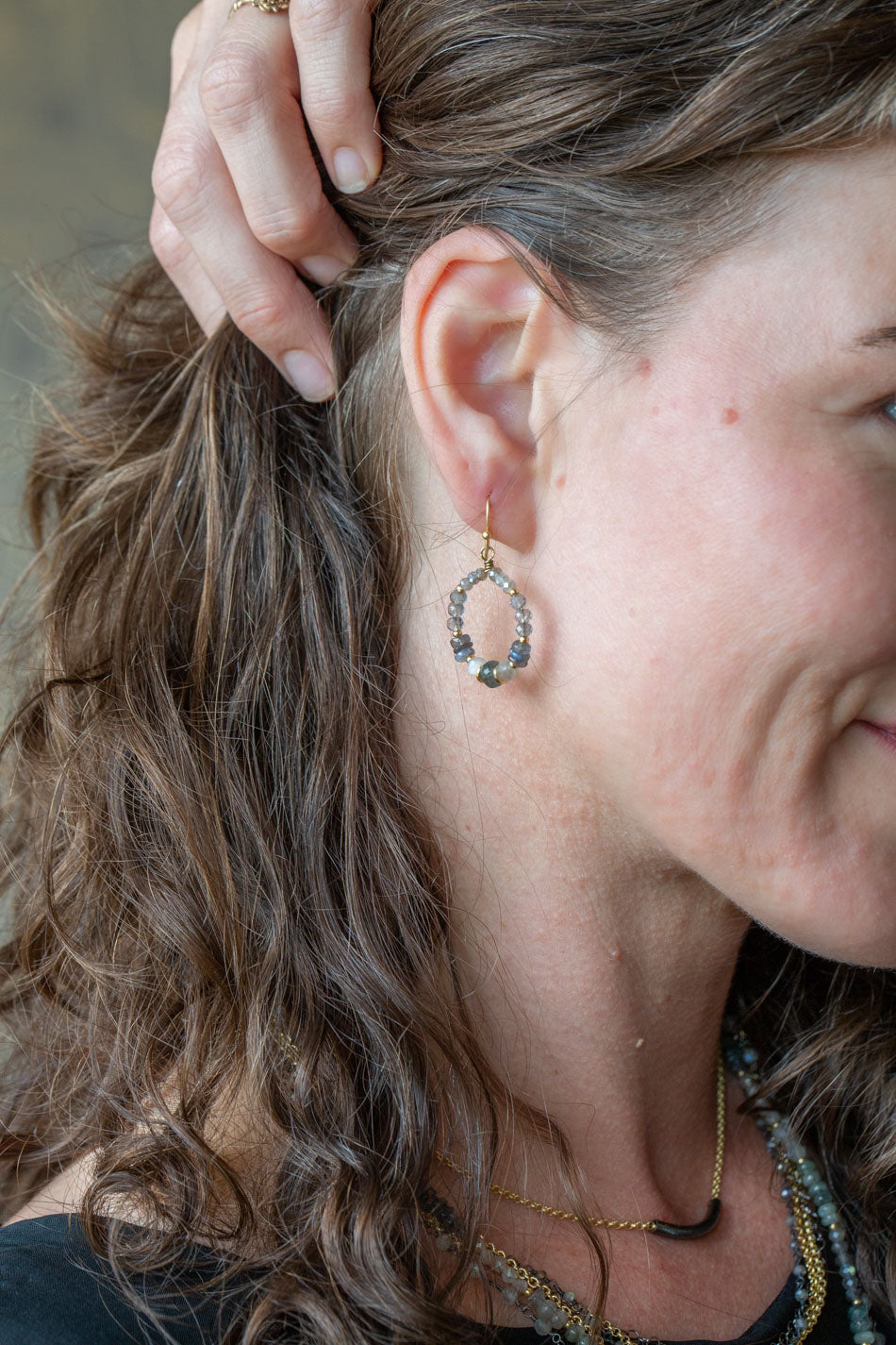 Equinox Moonstone, Labradorite, Aquamarine Hoop Earrings