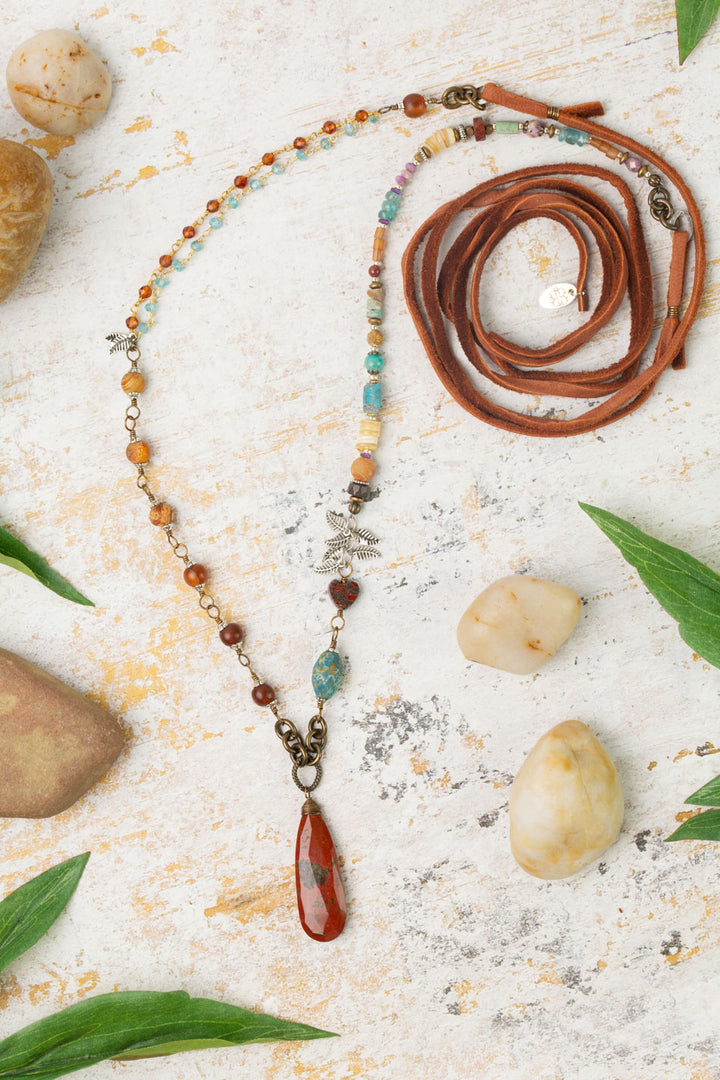 Earthen Carnelian, Czech Glass, Turquoise With Agate Pendant Collage Necklace