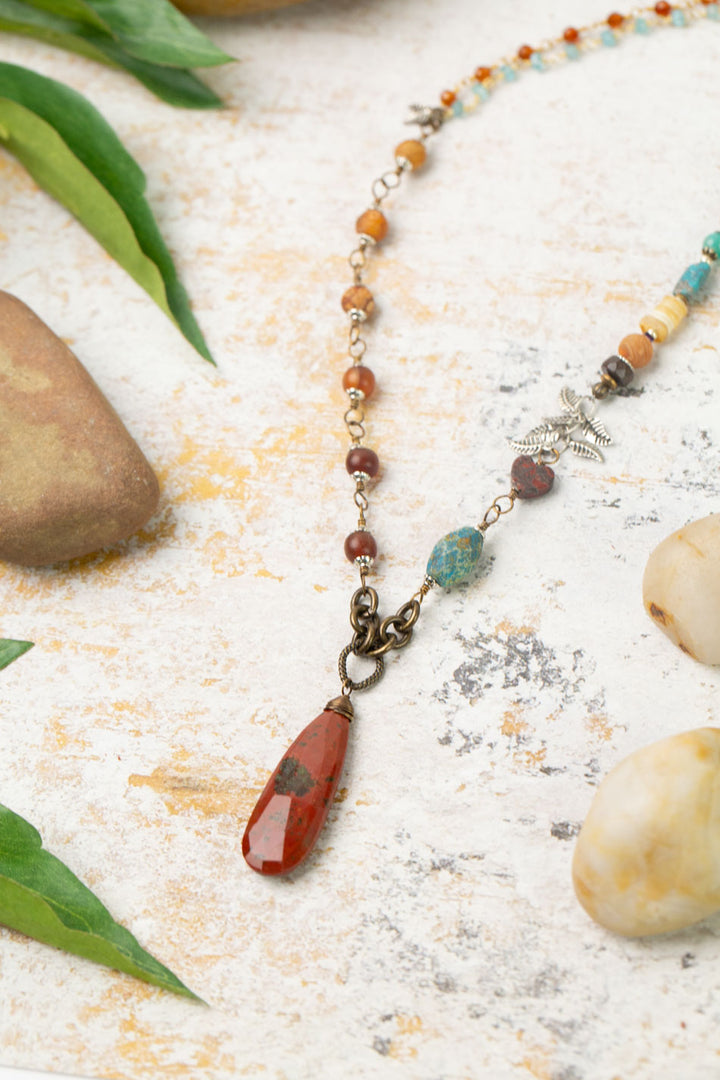 Earthen Carnelian, Czech Glass, Turquoise With Agate Pendant Collage Necklace