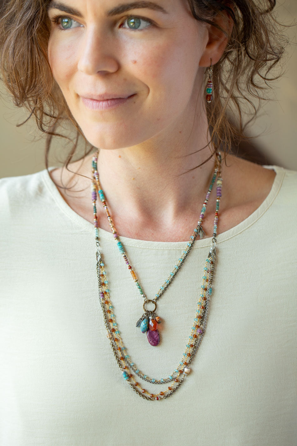 Earthen 24.5-26.5" Amazonite, Czech Glass, Turquoise Multistrand Necklace