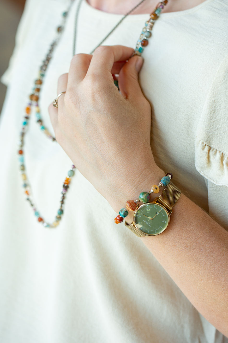 Earthen 7.5-8.5" Jasper, Czech Glass, Turquoise Simple Bracelet