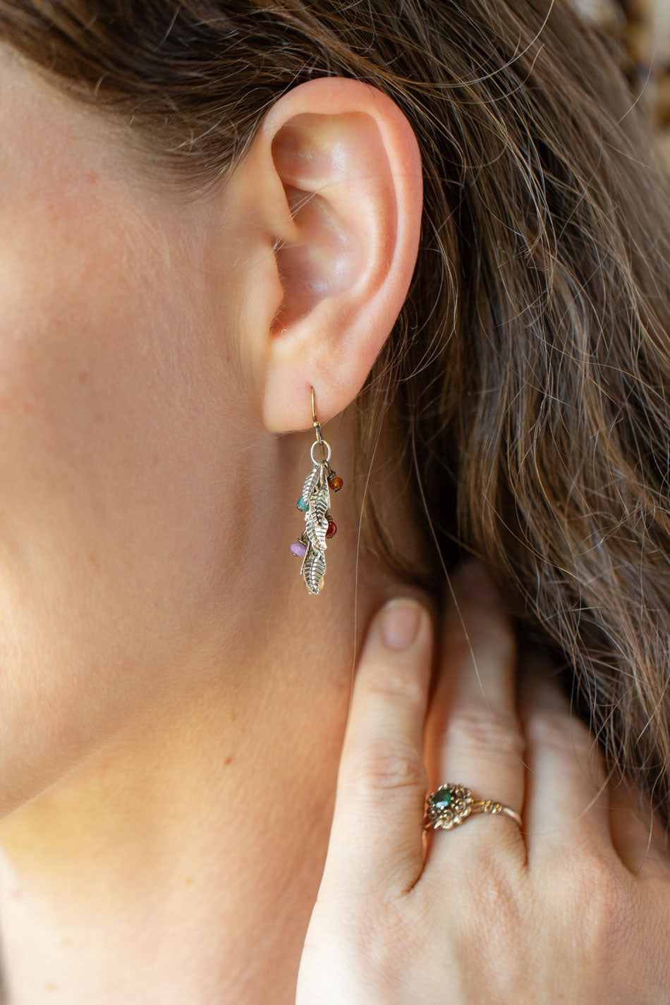 Earthen Czech Glass, Antique Silver Leaves Dangle Earrings