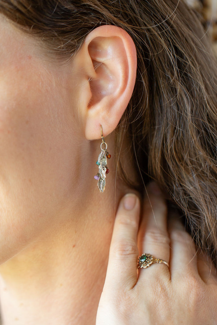 Earthen Czech Glass, Antique Silver Leaves Dangle Earrings