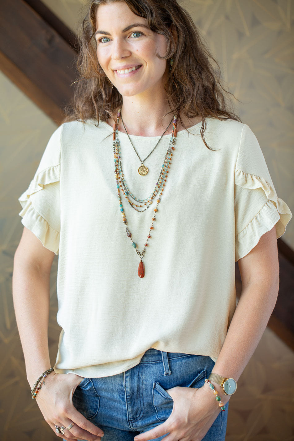 Earthen Carnelian, Czech Glass, Turquoise With Agate Pendant Collage Necklace