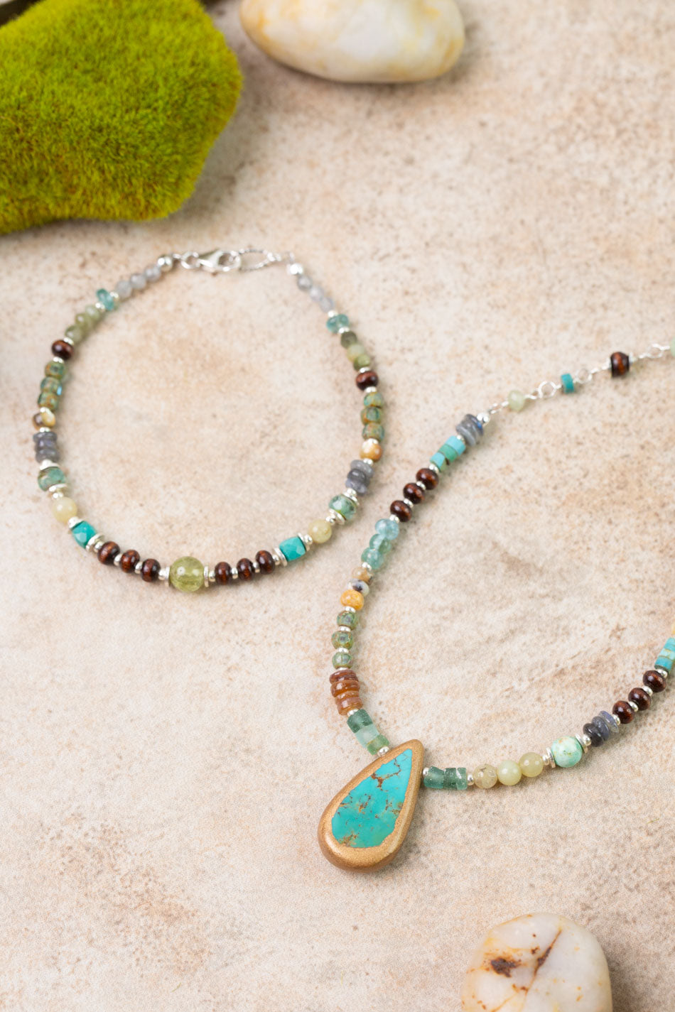 Earthy Girl 16 or 23.5" Roman Glass, Labradorite, Apatite with Turquoise Statement Necklace